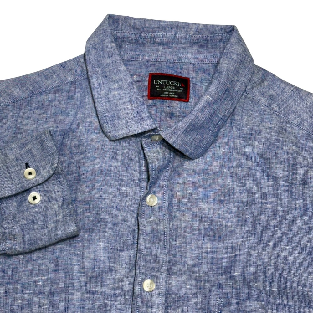 UNTUCKit Button Down Shirt Mens Large Blue Linen Vin Santo WR Wrinkle Resistant